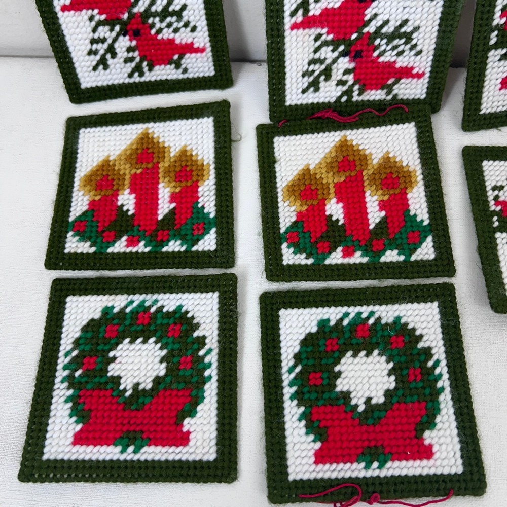 8 Handmade Christmas Needlepoint Coasters Cardinals Poinsettias Wreaths Candles - Picture 2 of 5